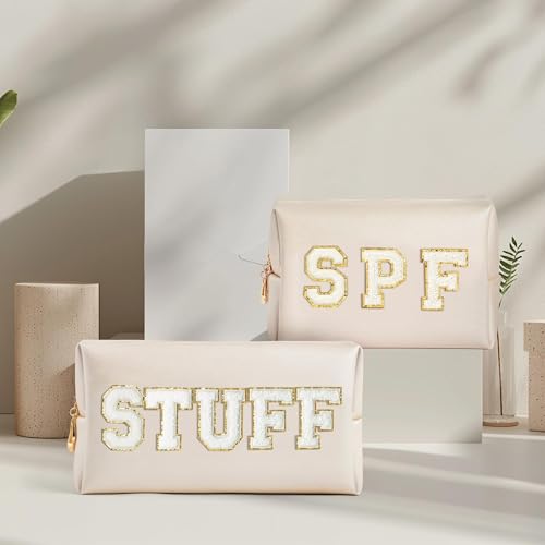 Preppy Patch Cosmetic Bags - Summer 2P White STUFF SPF Chenille Letter Makeup Bag, PU leather Travel Toiletry Kit Portable Waterproof Pouch Zipper Clutch, Holiday Party Gifts for Women Girls - color: White, style: Stuff Spf White
