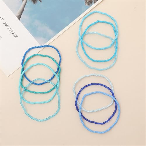 Boho Stackable Rice Beaded Bracelet Set for Women 8-10Pcs Colorful Handmade Multilayered Crystal Beads Bracelets Summer Beach Bohemian Jewelry Gift - color: A Blue