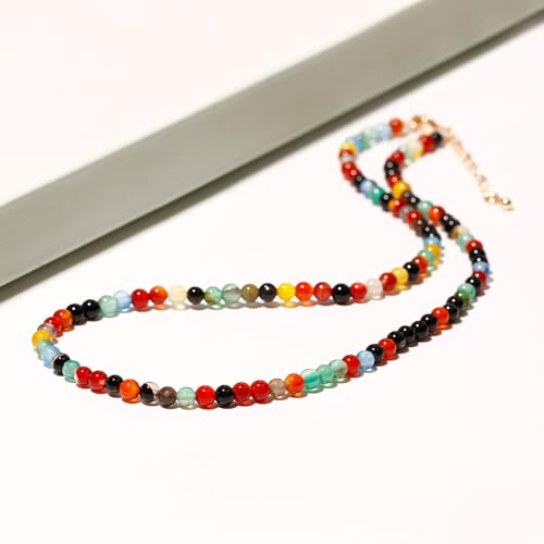 Simple Choker Necklace for Women Real Stone and Crystals Necklaces 4mm Beaded Choker Jewelry Meditation Gift for Women (16"+2") - style: Multicolour
