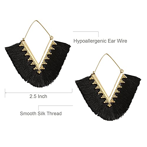 Tassel Hoop Earring Statement Thread Dangle Earrings Stylish Long Fringe Drop Earrings Lightweight Long Swingy French Hook Earrings for Women - color: A Black