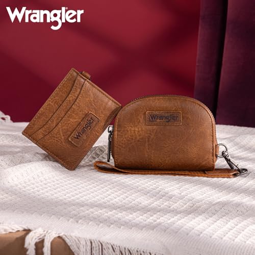 Wrangler KeyChain Wallet Wristlet Wallets for Women Dual Pouch Wristlet with Zipper Womens Credit Card Holder Wallet - color: A-Brown