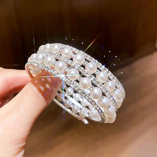 Pearl Rhinestone Stretch Cuff Bracelet for Women Adjustable | Perfect for vintage weddings parties vacations and everyday wear - color: SilverA+
