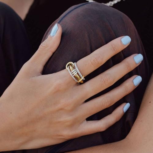 Gold Stackable Rings for Women Non Tarnish, 18k Gold Plated Cubic Zirconia Rings, Silver Gold Multi Ring Mixed Metals Stack Rings Set - color: 2 stones rings, size: 6