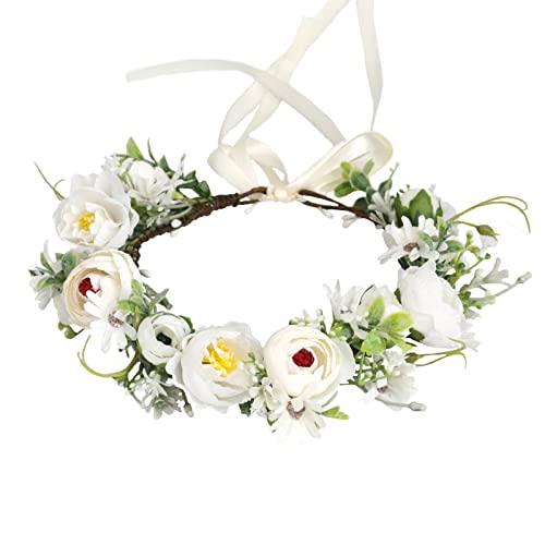 Vivivalue Women Flower Crown Flower Garland Headband Hair Wreath Floral Headpiece Halo Boho with Ribbon Wedding Party White - color: 69