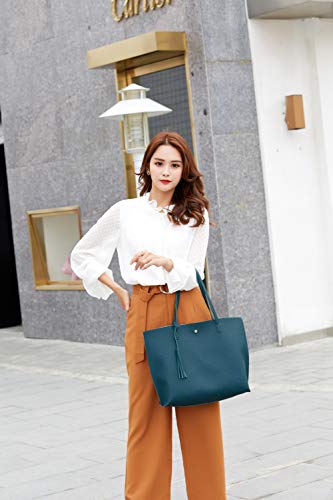 Dreubea Women's Soft Faux Leather Tote Shoulder Bag from, Big Capacity Tassel Handbag - color: Dark Teal