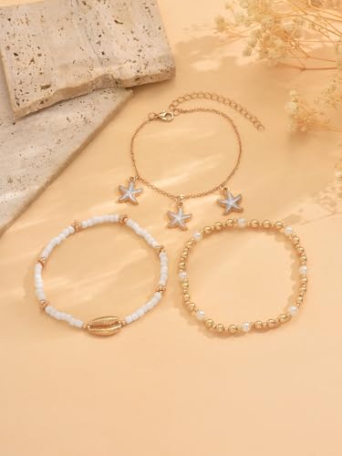 INENIMARTJ Shell Anklet Bracelet for Women Gold and White Beaded Elastic Stack Ankle Bracelet Hawaiian Beach Seashell Starfish Anklet Puka Shell Starfish Foot Jewelry for Women Beach Accessories - style: style C