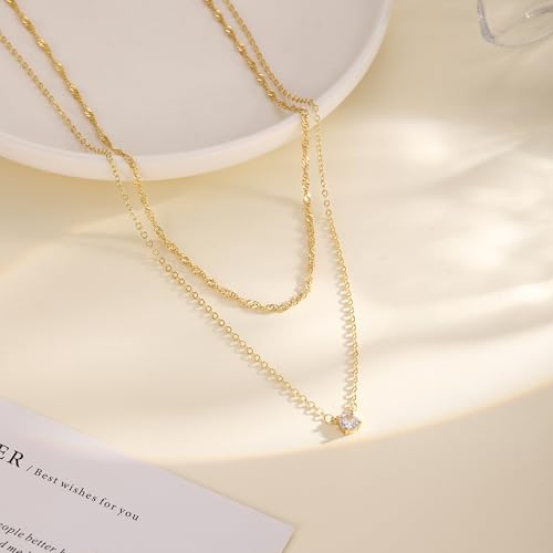 CAROVO Gold Necklace for Women Dainty 14K Gold Plated Choker Cross Flower Cubic Zirconia Necklaces Simple Layered Gold Chain Trendy Jewelry Gifts for Women - style: C:Layered CZ Necklace