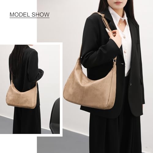 Hobo Bags for Women Foldable Vegan Leather Shoulder Handbag Slouchy Tote Crossbody Purses - color: Khaki