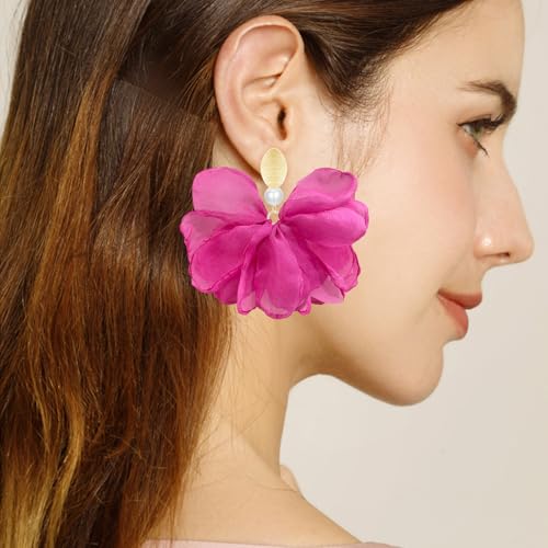 Handmade Fabric Flower Petal Fringe Dangle Drop Earrings Bohemian Floral Tassel Stud Earrings For Women - color: Rose Red
