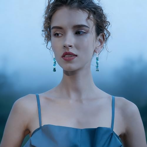 Handmade Bohemian Vintage Silver Nature Stone Beads Long Dangle Drop Earrings for Women - color: Blue