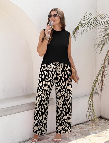 WIHOLL Two Piece Set for Women Summer Spring Outfits Cruise Travel Airport Beach Vacation Mock Neck Wide Leg Pants Set - color: Black Print, size: XX-Large