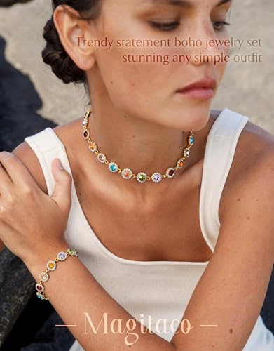 Magitaco Colorful Rhinestone Jewelry Set, Multi Color Crystal Bracelet for Women, Stackable Gemstone Choker Necklace for Beach Prom