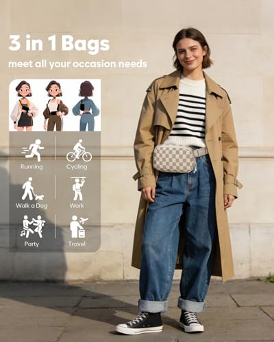 Pritent Fanny Packs for Women Cross Body Bag Waterproof Belt Bag with Adjustable Strap and Zipper Back Pocket Small Crossbody Bags Fashion Waist Packs for Workout Travelling(Checkered Khaki, Large) - color: Checkered Khaki, size: Large