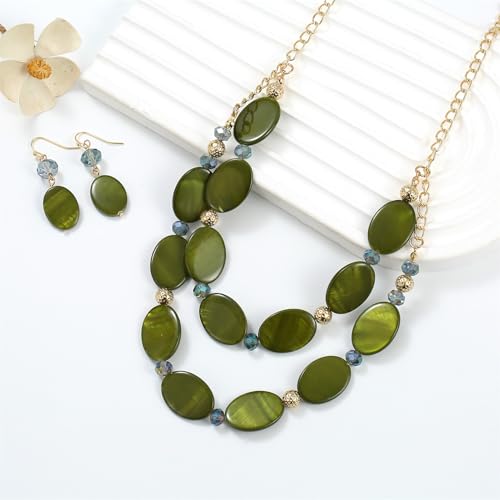2 Layered Chunky Beaded Shell Necklace for Women Sea Shell blue/yellow/red/green/turquoise/teal/white Statement Necklace and Earring Set Elegant Women Necklace Set Jewelry Sets for Women - color: Olive Green