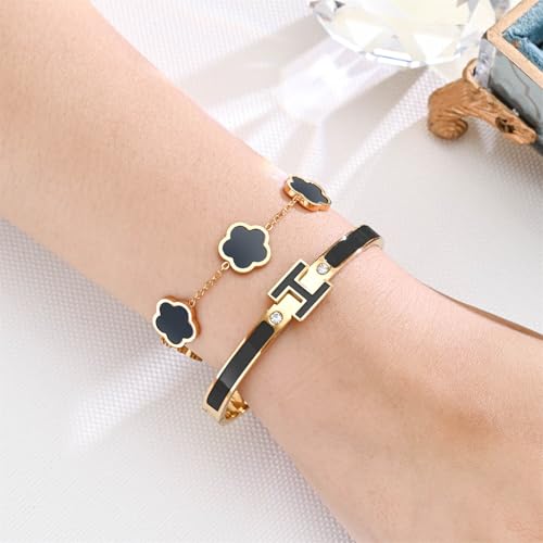 H Bangle & Clover Bracelet for Women - Stainless Steel Fashion Jewelry - 18K Gold Plated H Bangle and Lucky Five Leaf Clover Bracelet - Elegant Bracelets Set - Gift for Women - color: Gold-Black Set