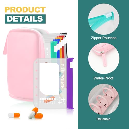 Timueetech A7 Waterproof Pill Organizer with 7 PCS L Size Zippered Pill Pouches for A7 Binder, Large BPA-Free Weekly Medicine Organizer, Color-Coded Reusable Travel Pill Storage System - color: Pink