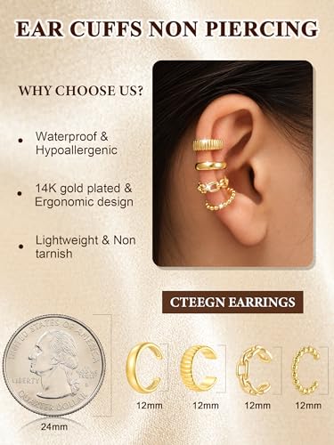 14K Gold/Silver Plated Ear Cuffs Set Dainty Clip Piercing Stack Small Cartilage Hoop Huggie Trendy Tarnish Hypoallergenic Jewelry Gift - style: gold style 15