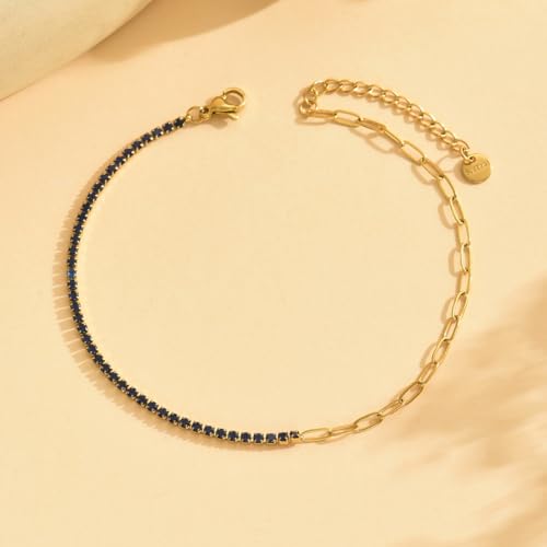 Anklet Bracelets for Women 18K Gold Plated Tennis Anklets Dainty Sapphire Paperclip Pearl Sequin Droplet Adjustable Large Anklet Bracelets Simple Beach Summer Waterproof Foot Jewelry - color: Sapphire Paperclip-Gold
