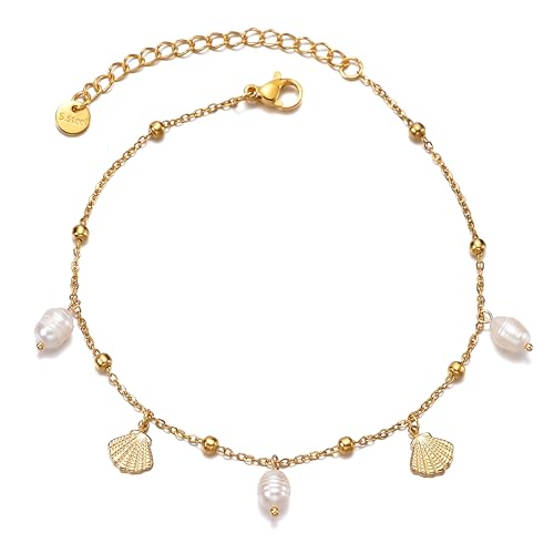 Dainty Gold Shell Pearl Charm Ankle Bracelet for Women Trendy non-Tarnish Adjustable Anklet Summer Beach Fashion Jewelry Gift - color: Pearl