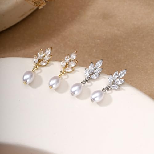 Pearl Earrings for Women Dainty Diamond Pearl Drop Earrings 14k Gold Plated Dangle Earrings for Women Weddings Gifts Bridesmaid Gifts - color: D-gold pearl earrings