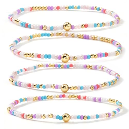 Boho 4Pcs Stack Colorful Small Seed Beaded Bracelets Set for Women, Cute Handmade Dainty Trendy Gold Plated Stretch Accessories Thin Glass Jewelry, Summer Daily Party Friendship Gift - color: Purple White