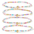 Boho 4Pcs Stack Colorful Small Seed Beaded Bracelets Set for Women, Cute Handmade Dainty Trendy Gold Plated Stretch Accessories Thin Glass Jewelry, Summer Daily Party Friendship Gift - color: Purple White