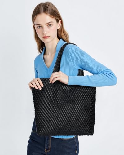 BAGOK Woven Tote Bag for Women, Handwoven Vegan Leather Shoulder Bag with Clutch, Large Tote for Work, Travel & Beach - color: Black