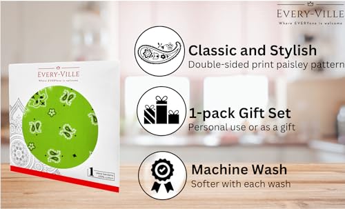 Gift Packaging Bandana for Men Women - 100% Cotton, Paisley, 22x22 In, 1 Pack - Large Bandanna Handkerchief Cowboy Hanky - color: Lime Green