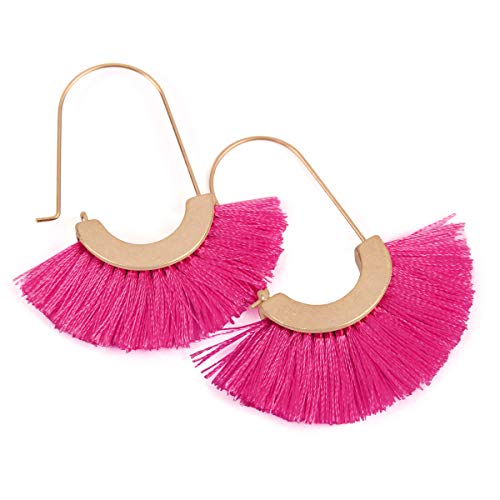 Bohemian Silky Thread Tassel Strand Fringe Statement Hoop Earrings - Lightweight Semi Circle Fan Threader, Mermaid Hoops - color: Fan Tassel Threader - Hot Pink