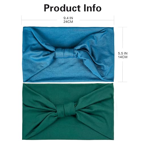 GiLi 2 Pack Wide Headbands for Women Boho African Knotted Non Slip Fashion Hair Bands Yoga Running Sports Workout Gym Head Wraps Elastic Soft Cotton Cloth Turbans Bandana for Girls (Dark Green, Teal) - color: 2 Color (Dark Green+Teal)