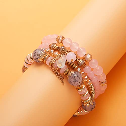 FUTIMELY Bohemian Crystal Beaded Bracelets Set for Women,Dainty Handmade Multilayer Colorful Charm Bracelet Beaded Stackable Stretch Bracelet Jewelry - color: Pink