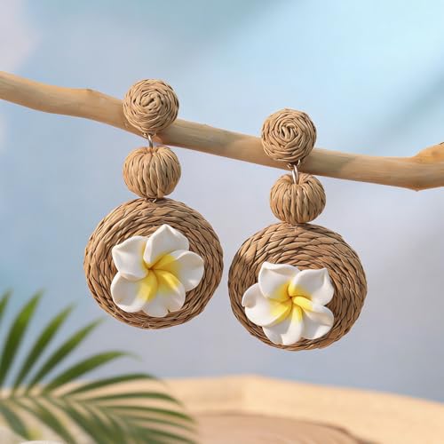Boho Raffia Ball Earrings for Women, Handmade Statement Drop Earrings Straw Dangle Earrings Beach Vacation Jewelry - color: Brown flowers