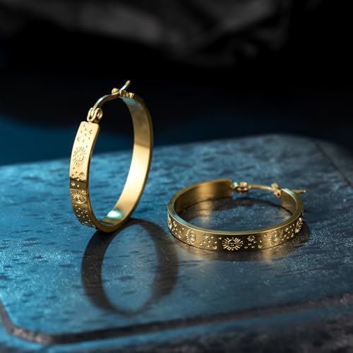 Stainless Steel Hoop Earrings for Women Gold Tone Geometric, Huggie Heart Twisted Minimalist Engraved Designs for Daily Wear - color: Gold-Hoop_30*4*1.4mm