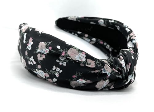 Black Bloom Floral Pattern, Colorful Spring Flower Satin Headbands for Women, Silk Feel, Soft Fabric, Knotted Headband Fashion Designer Top Knot - color: Black Bloom x