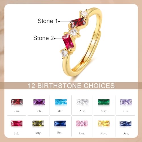 Personalized Birthstone Ring for Mom, 1–4 Baguette Birthstones Adjustable Ring, Minimalist Family Ring, Mother’s Day Gift for Mom Wife Grandma - color: 2 stones