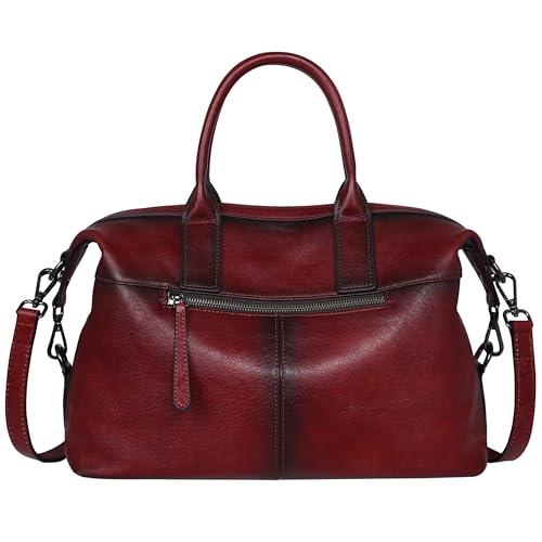 Iswee Genuine Leather Satchel Tote Bag Top Handle Handbag Designer Shoulder Bag Large Capacity Cross Body Bag - color: Wine