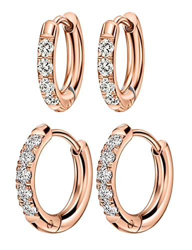 316L Surgical Stainless Steel Huggie Hoop Earrings with Cubic Zirconia, 10G 12G 14G 8-20mm Cartilage Lobe Earrings, 14G Piercing Jewelry - style: 10G 8mm 10mm Rose Gold Clear CZ