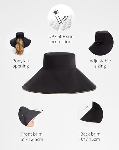 Solbari Ultra Wide Brim Sun Hat UPF 50+ Packable UV Sun Protection Hats with Full Coverage Brim - color: Black / Beige, size: Small-Medium