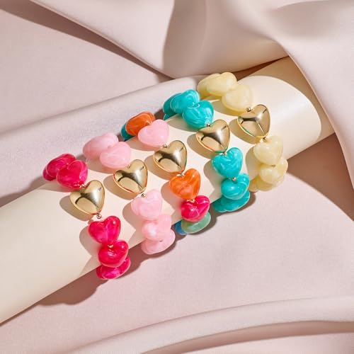 Multicolor Chunky Beaded Bracelet for Women Bold Acrylic Resin Stretch Bracelet Summer Beach Statement Bracelets Trendy Elastic Bangle Jewelry - color: Heart bracelet-cream white