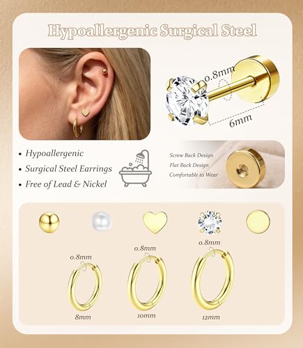 Incaton Hypoallergenic Flat Back Earrings for Women Silver 14K Gold Plated Surgical Stainless Steel Stud Earrings Cubic Zirconia Cartilage Studs Earrings For Multiple Piercing Sensitive Ears - color: 4-GOLD