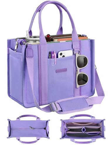 FIORETTO Women’s Canvas Tote Bag Purse with Zipper, Multi Compartment & Reinforced Bottom, Ideal for Work, Bible, Travel - color: Purple, size: Medium, style: Built-in Organizer