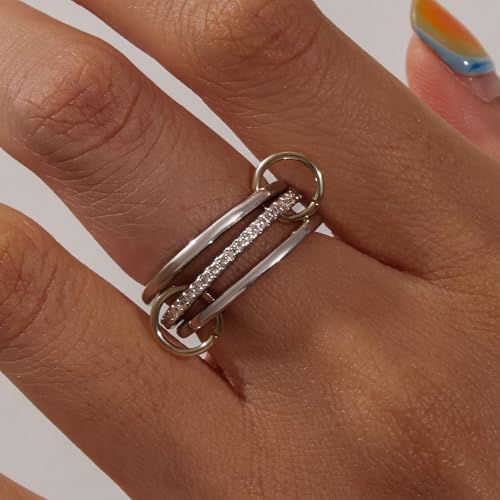 Stackable Gold Rings for Women 18K Gold Plated Interlocking Ring Stack Set Gold Silver Mixed Metal Statement Rings Dainty Cubic Zirconia Fashion Connected Band for Her - size: Size 7.0-7.5