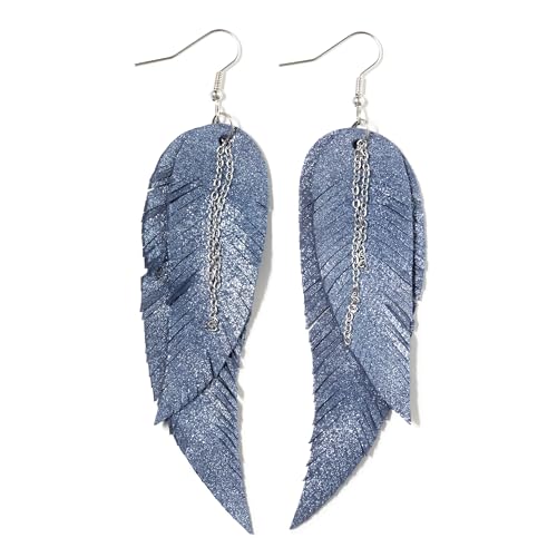 Black shiny Leather Feather Earrings for Women, Lightweight Minimal Boho Dangle Earrings, Small Simple Everyday Jewelry - color: Blue shiny