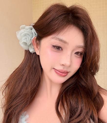 Large Chiffon Rose Flower Hair Claw Clips Boho Mesh Floral Hair Pins Barrettes Strong Hold Non-Slip Beach Vacation Hair Accessories for Women (Green Rose Flower Hair Clips) - color: Green Rose Flower Hair Clips