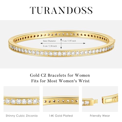 Turandoss Gold Bangle Bracelets for Women - Dainty 14K Gold Plated Tennis Bangle Bracelet Personalized Cubic Zirconia Oval Cuff Bracelets Jewelry Gifts - color: CZ Bangle - Shinny Tennis