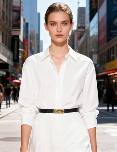 BEMYLV Skinny Belts for Women Dresses Turn-Lock Gold Buckle Adjustable Fashion Waist Belt for Pants Jeans Business Casual - color: Black+light Khaki