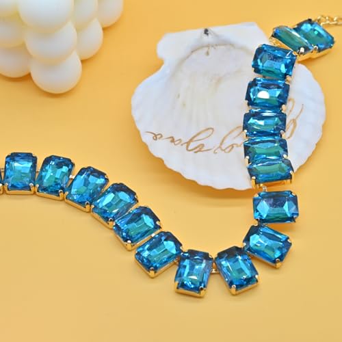 Fashionable Chunky Plated Tennis Rhinestone Statement Necklace Jewelry Set for Women Multicolor gem necklace with Great Sparkle and Shine Design for Women to Easy Match - color: lake blue square rhinestone