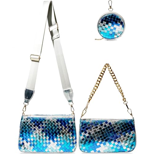 Handmade Woven Small Crossbody Bag for Women with Coin Purse, Designer Shoulder Handbag 3pcs Set, Mini Tote Clutch - color: Navy Multicolor