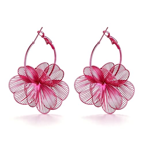 Gold Flower Statement Earrings for Women Boho Trendy Hoop Earrings Floral Dangle Petal Earring Prom Wedding Jewelry Gifts - color: A5:hot pink