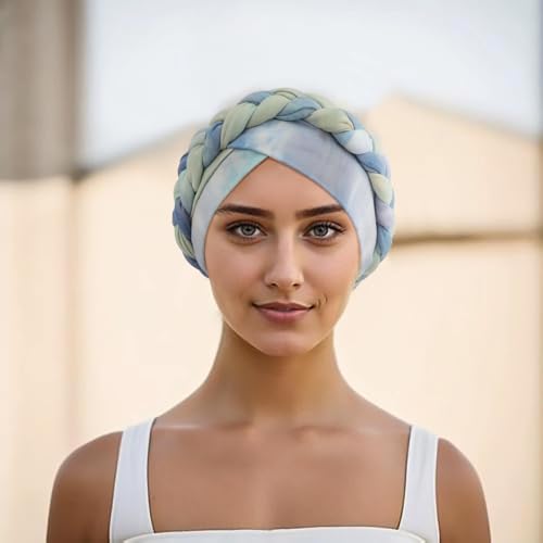 DRESHOW Turban Pre-Tied Twisted Hat Thread African Head Wraps for Black Women Chemo Cancer Cap Braid Hair Cover - color: 1 Pack Tie-dye Gradient: Light Teal